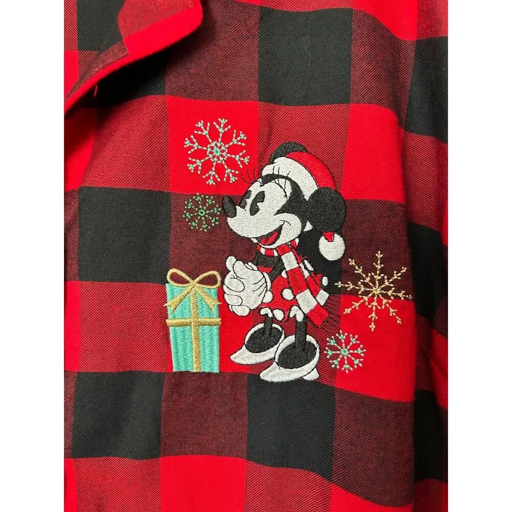 Disney Minnie Mouse Holiday Nightshirt 2X Red Black Buffalo Check Plaid Flannel - Picture 5 of 13